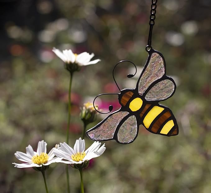 Bumble Bee Ornament Stained Glass Window Hanging Suncatcher Home Decor, Birthday Gifts for Mom Grandma Aunt Sister Bee Lover, Mother's Day Bee Decoration