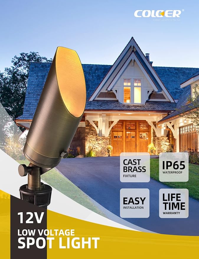 COLOER Brass Landscape Spotlights, 10 Pack Spotlight Fixture Outdoor with 5W Aluminum Housing MR16 LED Bulb 2700K 450LM, 12V AC/DC Low Voltage Landscape Lighting, Uplight for Garden and Patio(103B)