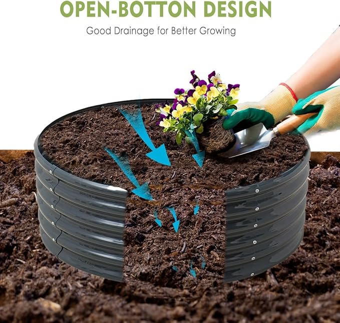 FORTUNO 2 Pcs 2 Ft Round Raised Garden Bed Box Galvanized Metal Outdoor High Flower Bed Steel Patio Ground Planter for Planting Vegetables and Herbs, Dark Grey