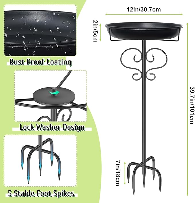 40In Bird Baths for Outdoors, Metal Birdbath Birdfeeder with Heavy Duty 5 Prong Stake, Vintage Detachable Bird Bath Water Feeder Bowl for Garden Yard Lawn Decor Black