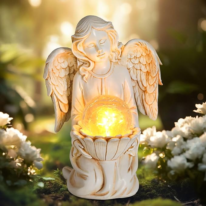 Angel Statues for Garden - Guardian Ange with Light - 8.3" Waterproof Outdoor Angel Memorial Scupture, Solar Angels Figurines Holding Glass Balls for for Patio, Yard, or Cemetery