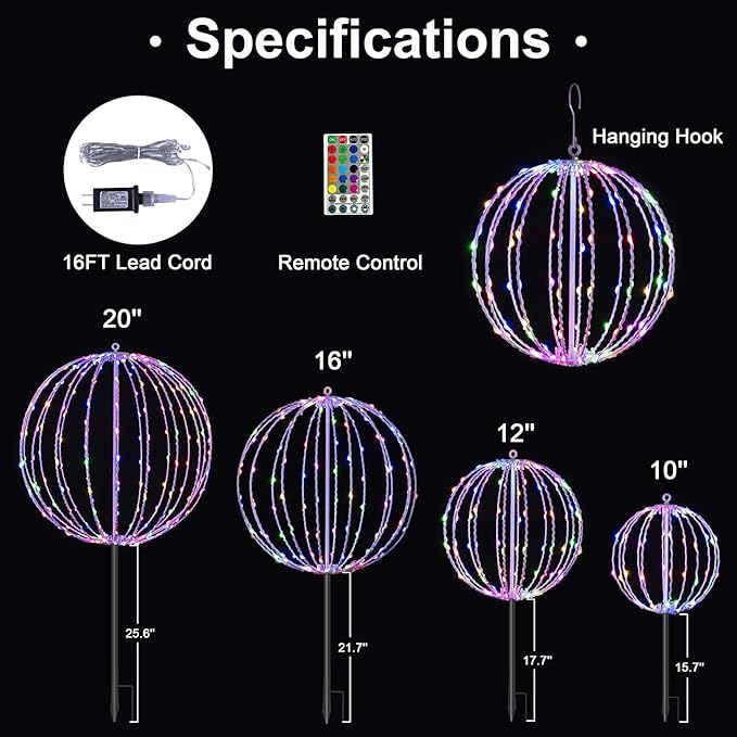 Christmas Ball Light Sphere, 12IN 96LED Hanging Tree & Pathway Lights [Foldable Metal Frame, UL Listed] - White, RGB