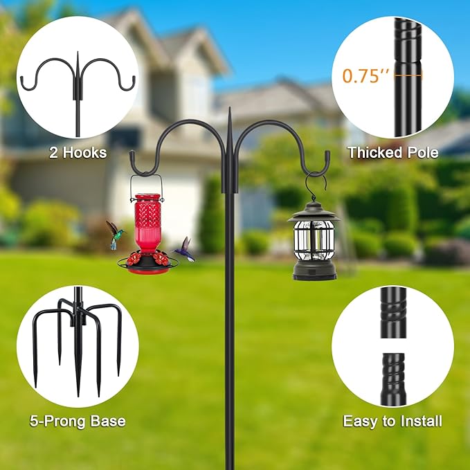 FEED GARDEN Adjustable Double Shepherds Hook for Outdoor with 5 Prong Base 92 Inch Heavy Duty Two Sided Bird Feeder Pole for Hanging Plant Baskets, Solar Light Lanterns, Wind Chimes