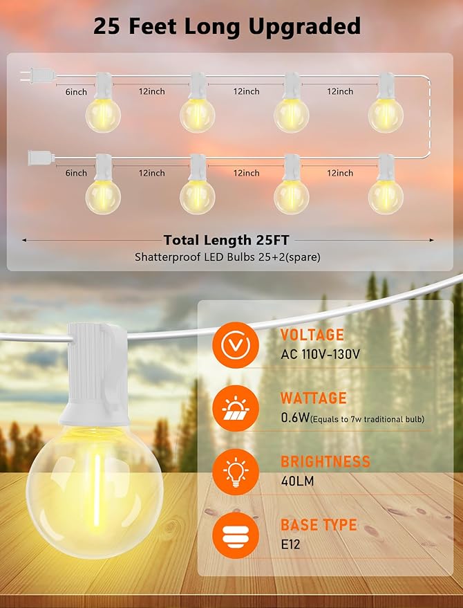 25Ft LED String Lights Outdoor, G40 Globe Patio Lights with 27 Shatterproof LED Bulbs, Waterproof Dimmable Hanging Light for Patio Wedding Bistro Party Yard Decor, E12 Socket Base, White Wire