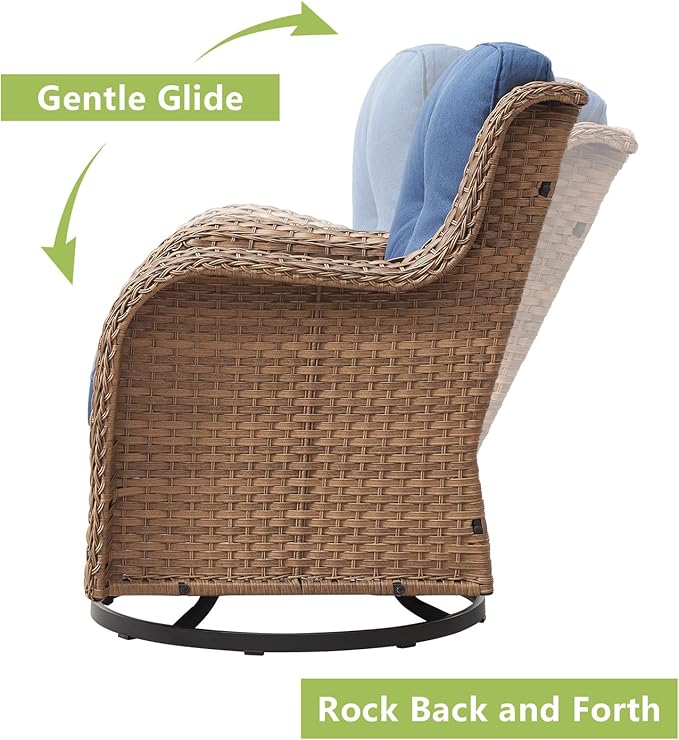 Outdoor Wicker Patio Furniture Set - 5 Piece Rattan Patio Conversation Set with 2 Rocking Swivel Chairs,2 Ottomans and 1 Loveseat for Porch Deck Backyard Garden(Yellow/Blue)
