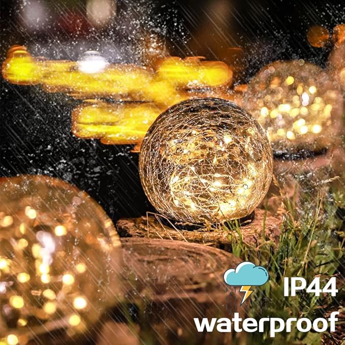 TOMEX 4 Pack Solar Garden Lights, Cracked Glass Ball Waterproof Warm White LED for Outdoor Decor Decorations Pathway Patio Yard Lawn, 4 Pack (4.7")
