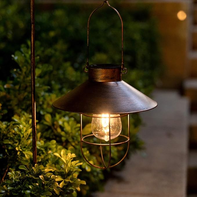 HUYIENO 2Pack Solar Metal Hanging Lantern with Shepherd Hook Outdoor Led Garden Lights Brushed Copper