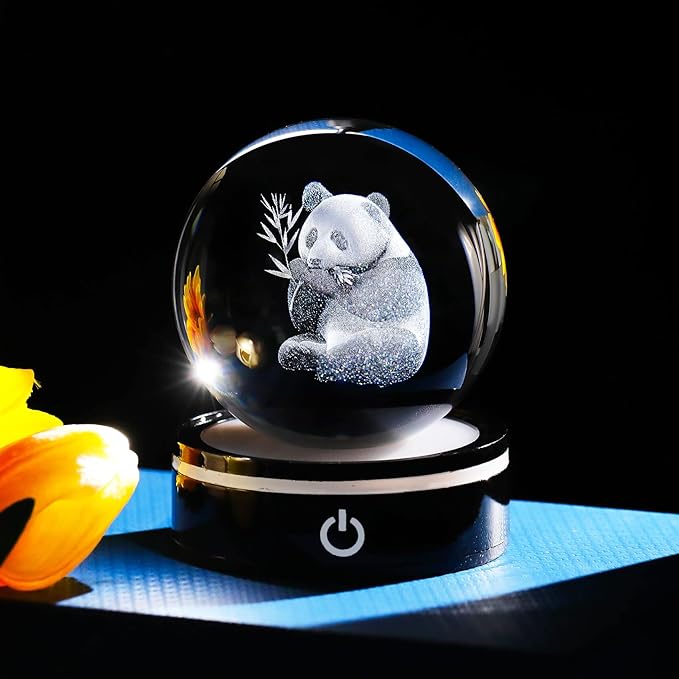YWHL 3D Panda Figurine Crystal Ball with Colorful Light Base, Panda Gifts for Women Men on Christmas Birthday, 3D Laser Engraved Full Sphere Glass Decorative Ball for Home Office (80mm)