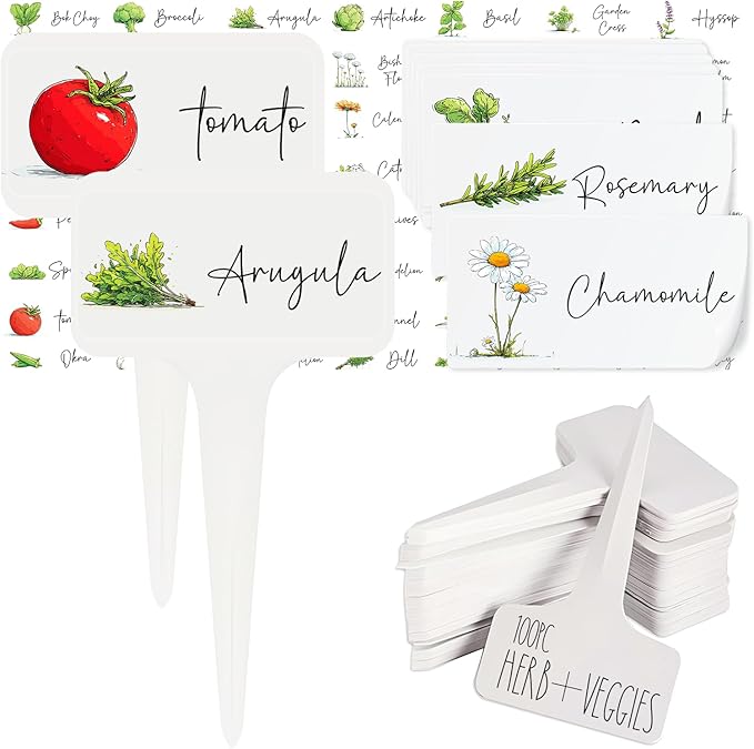 Herb Garden and Vegetable Label Signs - 100 PC Veggie Plastic Markers Stakes Picks Tags with 126 Cute Name Stickers Sign for Indoor Outdoor Potted Planter Planting Seed Nursery Bottle Supplies
