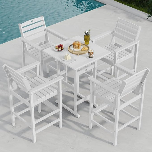 5-Piece Bar Height Patio Table and Chairs Set, HDPE Wood Grain Outdoor Bar Table and Chairs with Heart Cutout Design, Weather-Resistant Bar Height Furniture for Deck, Porch, Pool (White)