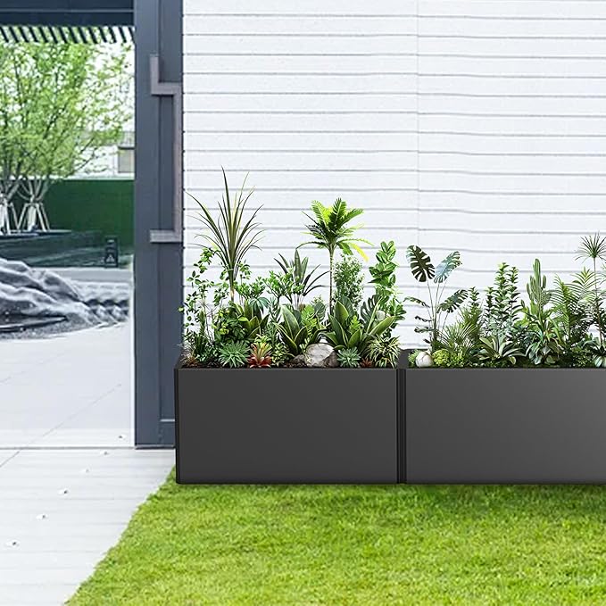 Outdoor Metal Planter Box - Rectangular Trough, All-Weather Durable with 4 Drainage Holes, 25x11x13 Inches for Porch & Patio, Black
