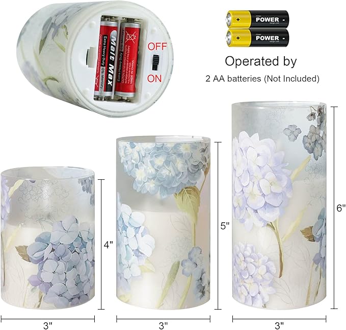 Hydrangea Flameless Candles Flickering, Spring LED Battery Operated Candles with Remote Timer, Glass and Real Wax Pillar Candles for Garden Home Decor(Set of 3, D3 xH4 5" 6")