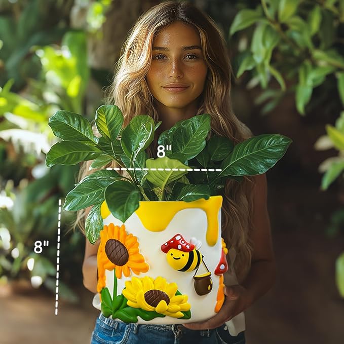 GUGUGO 8Inch Colorful Bees and Sunflowers Plant Pots, Cute Unique Succulent Planters with Drainage, Rainbow Small Mushrooms Flower Planters Pots for Indoor Plants, Funny Eclectic Home Decor