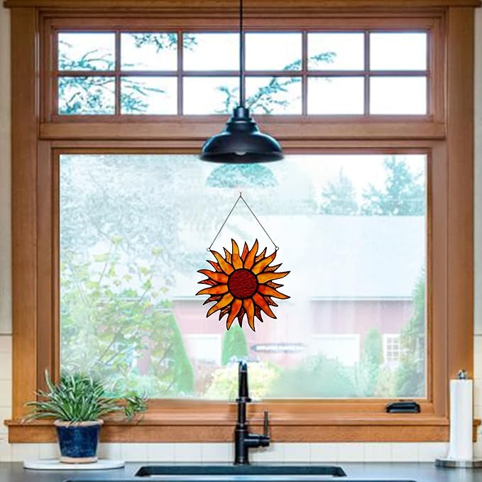 BOXCASA Sun Stained Glass Window Hangings,Tiffany Style Red Sun Suncatcher,Handcrafted Stained Glass Sun Decor for Window,Home Decorations for Window Living Room Bedroom Balcony Kitchen