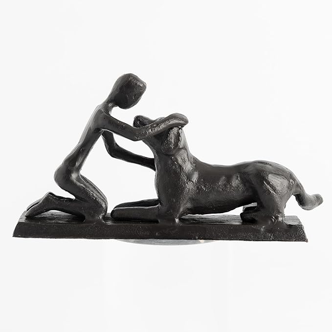 Boy and Dog Statue, Love of Dog Sculpture, Gifts for Dog Lovers, Dog Memorial Gifts for Man and Boy, Cast Iron, Black