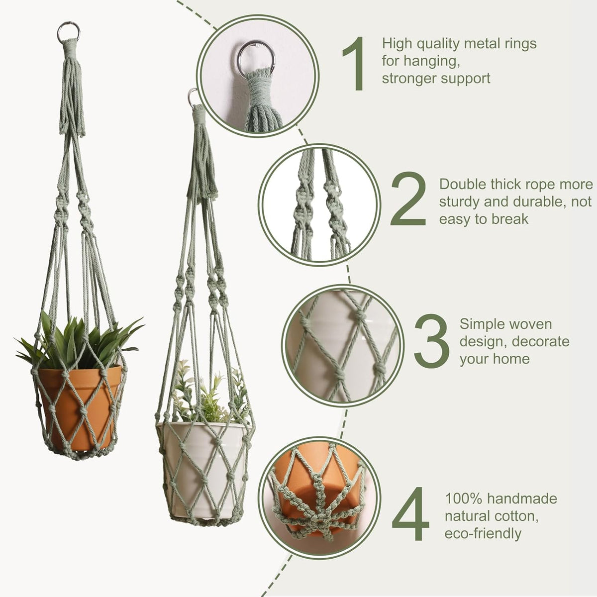 Artilady Macrame Hanging Planter for Indoor Plants, Boho Woven Plant Hanger Large Hanging Flower Pot Holders Outdoor Baskets Storage No Tassels Sage Green Wall Decor