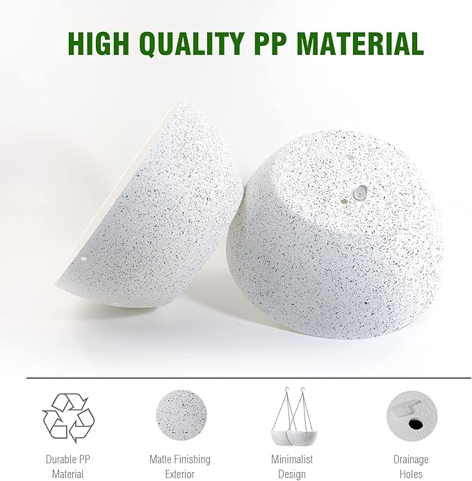 WOUSIWER 13 inch 2Pack Large Hanging Planters for Outdoor Indoor Plants with Drainage Holes and Chain, Round Hanging Flower Pots for Garden Home Porch Decor, White Speckles