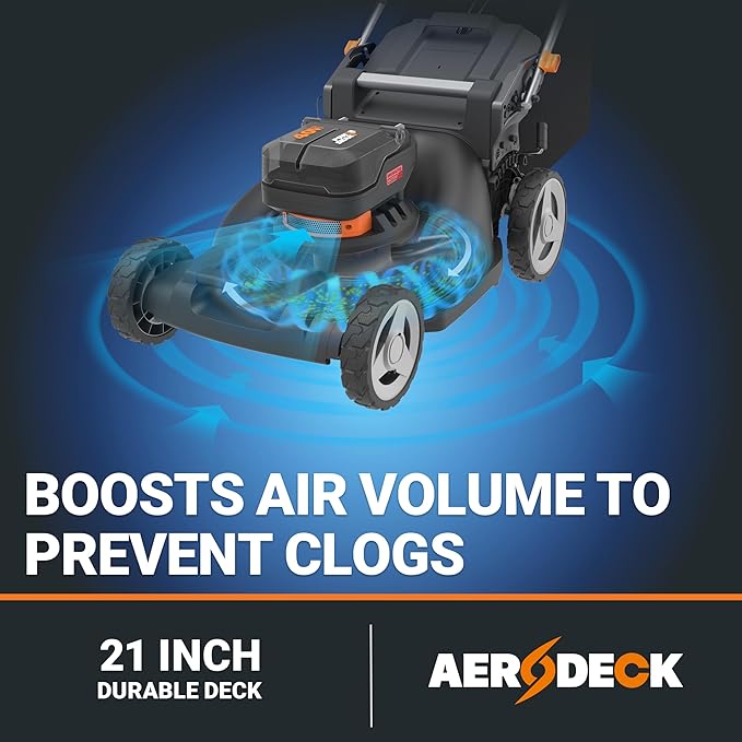 WORX Nitro 40V 21" Cordless Lawn Mower w/Aerodeck & Intellicut, Brushless Electric Mower Up to 1/2 Acre, Push Lawn Mower w/ 7-Position Height Adjustment WG752 – Batteries & Charger Included