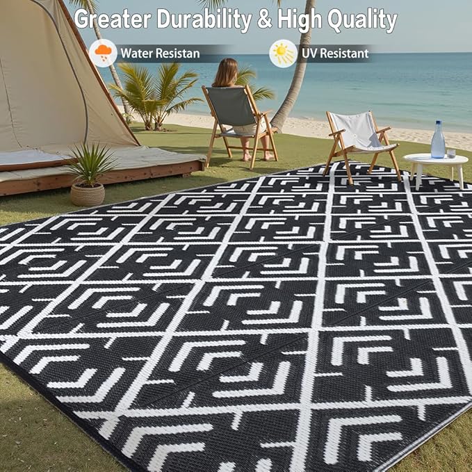 Outdoor Rug Mats, Large Waterproof Outdoor Area Rug, Reversible Portable Outdoor Plastic Straw Carpet for RV Deck Camping Front Door Indoor Outside Porch Picnic (5x8ft Geometric Black&White)