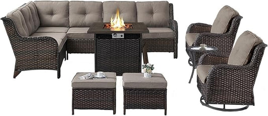 Outdoor Sectional Furniture Sofa Set with Propane Fire Pit Table, Wicker Patio Conversation Set with 2 Swivel Rocker Glider Chairs Grey Cushion Perfect for Backyard Casual Gathering