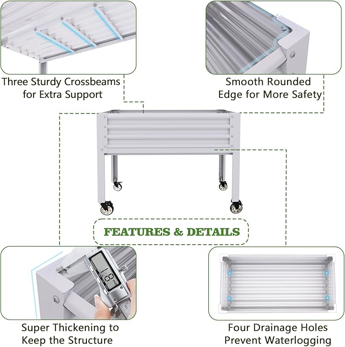 A ANLEOLIFE 2-Set Galvanized Raised Garden Bed with Legs,48x24x35in Large Elevated Planter Box on Wheels with Drainage Holes for Backyard, Balcony, Patio, 600lb Capacity, Antique White
