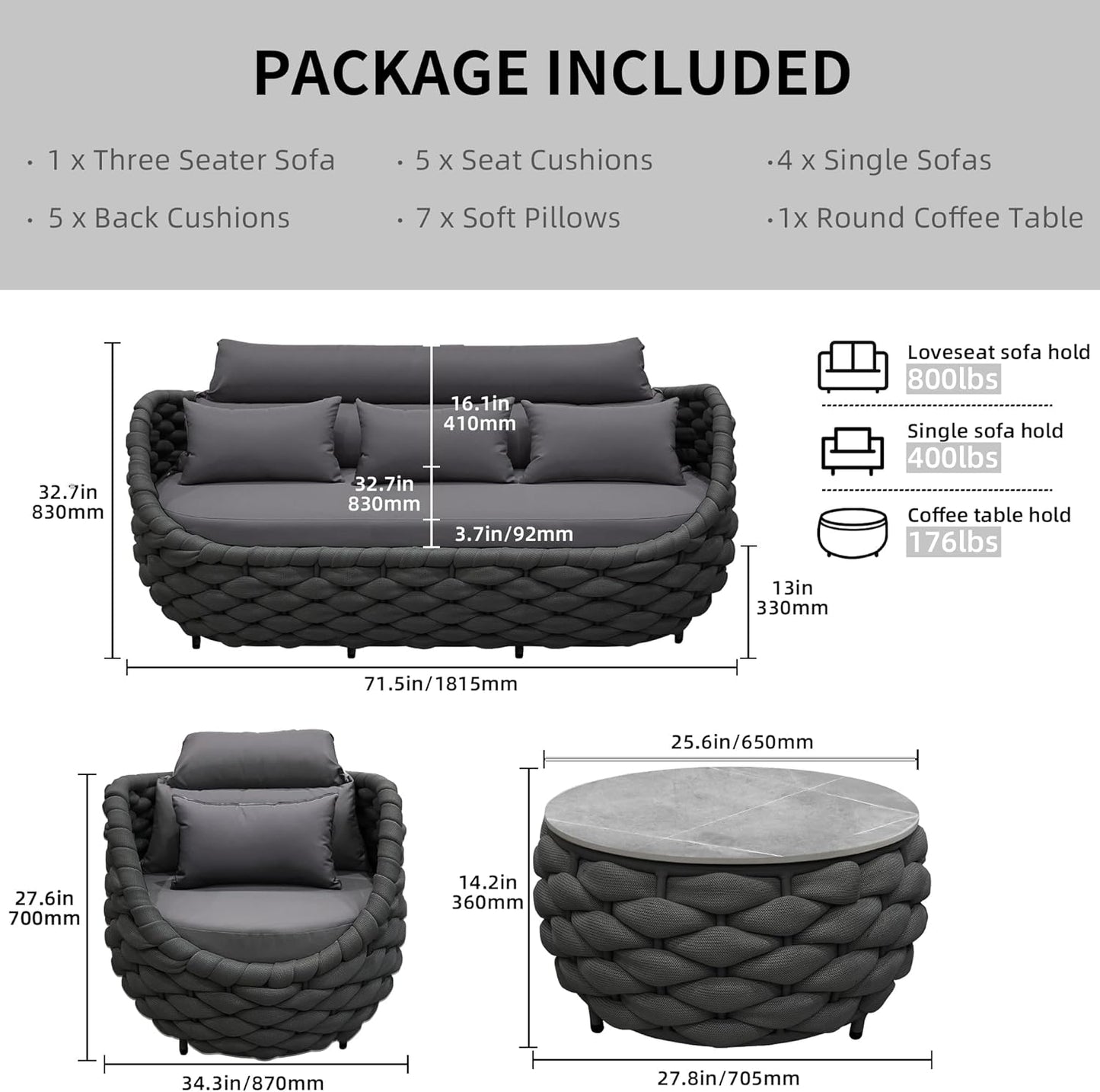 6-Piece Aluminum Patio Furniture Set, Modern Outdoor Conversation Set Sectional Sofa with Water Repellent Thick Cushions and Coffee Table for Balcony, Garden