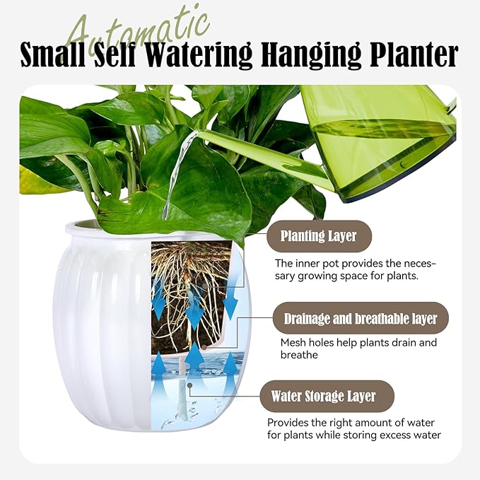 Small Hanging Planters Self Watering 5 Inch, 3 Set Hanging Plant Pot for Indoor Outdoor Plants, Hanging Flower Pots with Drainage Hole & 2 Kinds of Plant Hangers for Garden Home Decor