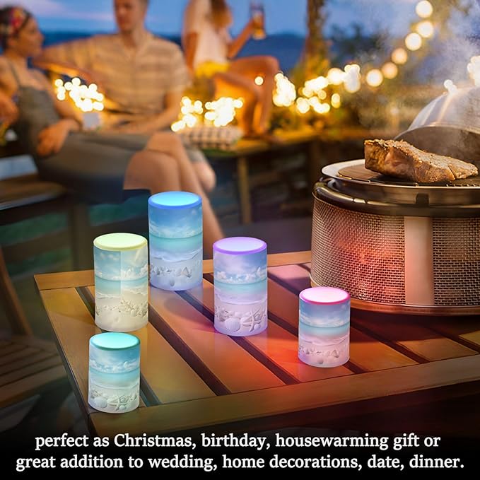 Flickering Flameless Candles, Starfishes Seashells Beach Blue Sky LED Candles with Remote Timer, Set of 2 Battery Operated Candle for Valentine Wedding Birthday