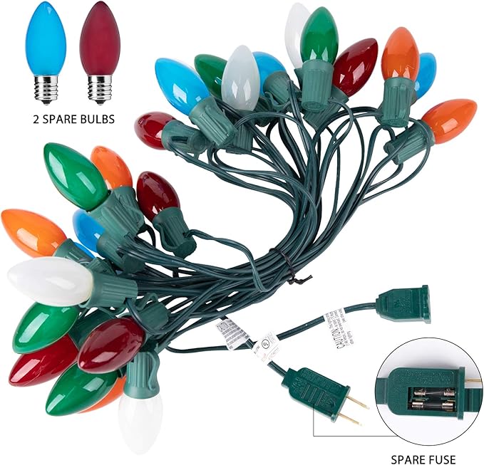 Multicolor C9 Christmas Lights Ceramic, C9 50ft Vintage Incandescent String Lights with Opaque Bulbs for Christmas Tree Patio Roofline Outdoor Indoor Holiday Xmas Decorations, 50 Bulbs with 2 Spare