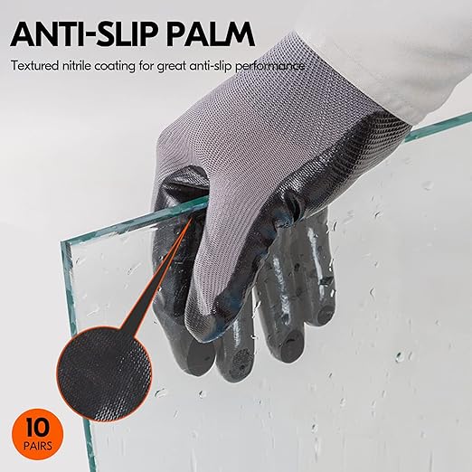 Vgo... 10-Pairs Safety Work Gloves, Gardening Gloves, Non-slip Nitrile coating, Dipping Gloves (Size S, Gray, NT2110)