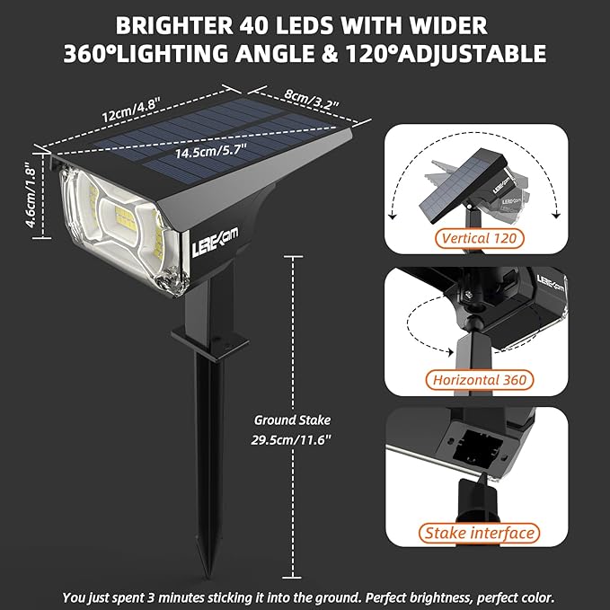 Solar Spot Lights Outdoor,IP65 Waterproof 40 LEDs Solar Landscape Spotlights,USB & Solar Powered Wall Lights,3 Modes Outdoor Solar Garden Lights Outdoor In-Ground Lights for Yard Porch 4 Pack