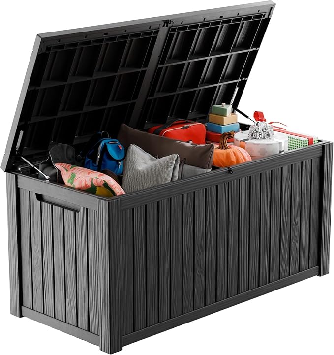 180 Gallon Waterproof Outdoor Storage Box,Resin Deck Box,Lockable Outside Storage Box Container for Patio Furniure,Garden,Tools (180 Gallon,Black)