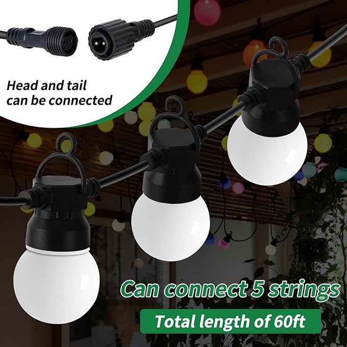 Outdoor String Lights 12 feet G50 Anti-Fall Waterproof Retro lampshade IP65 Waterproof 6 Color Lights Suitable for Garden Parties More Dazzling