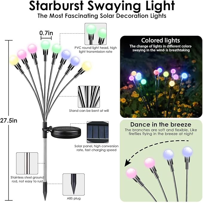 BOSSERN 2025 Solar Lights Outdoor Waterproof, 6 Pack Solar Garden Lights, Solar Firefly Lights Waterproof, Solar Twinkle Swaying Fairy Light for Yard Patio Pathway Garden Decoration (Multi Color)