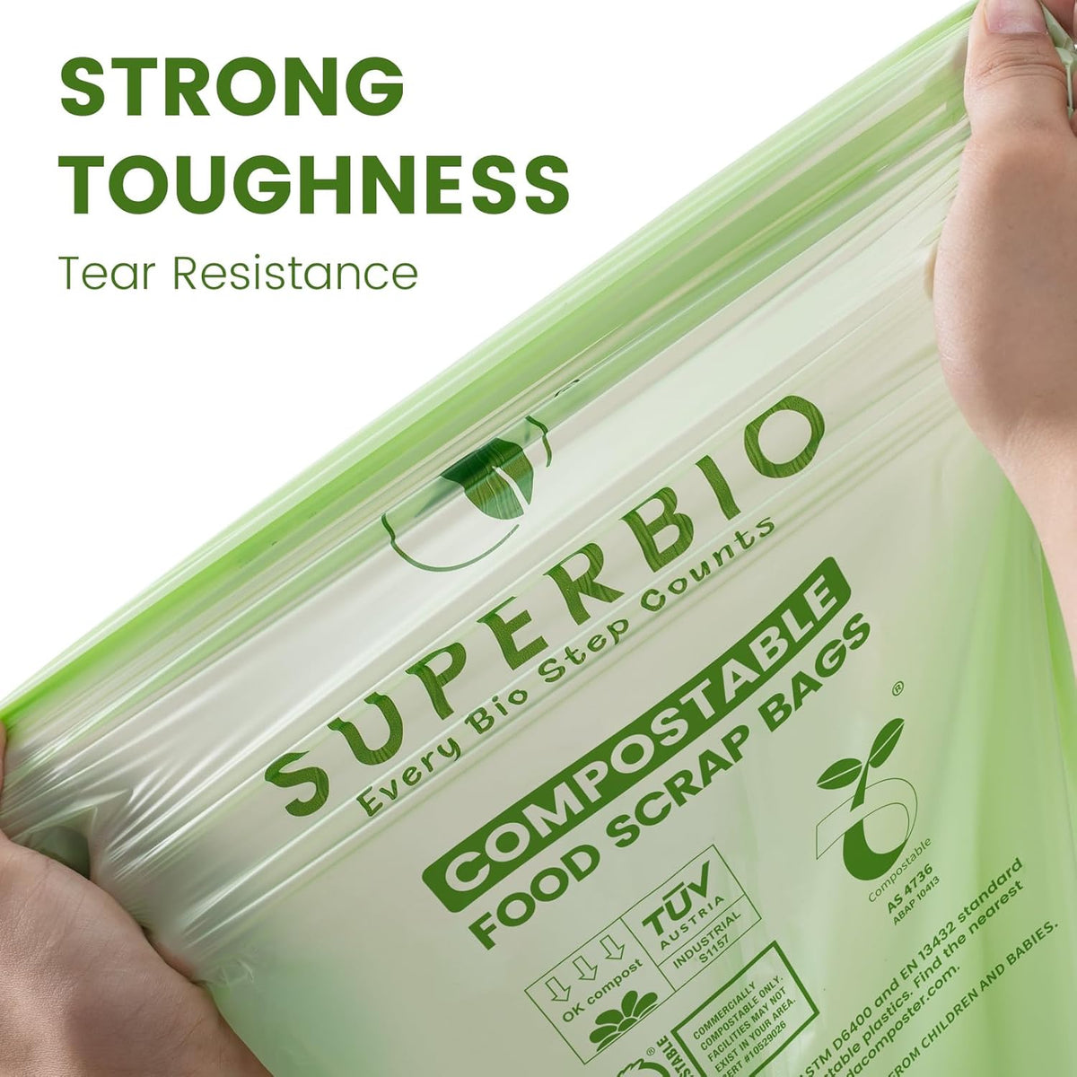SUPERBIO 2.6 Gallon Compostable Bags with Handles, 100 Count,1 Pack, Food Scrap Bags Certified by BPI and OK compost INDUSTRIAL, 9.84L