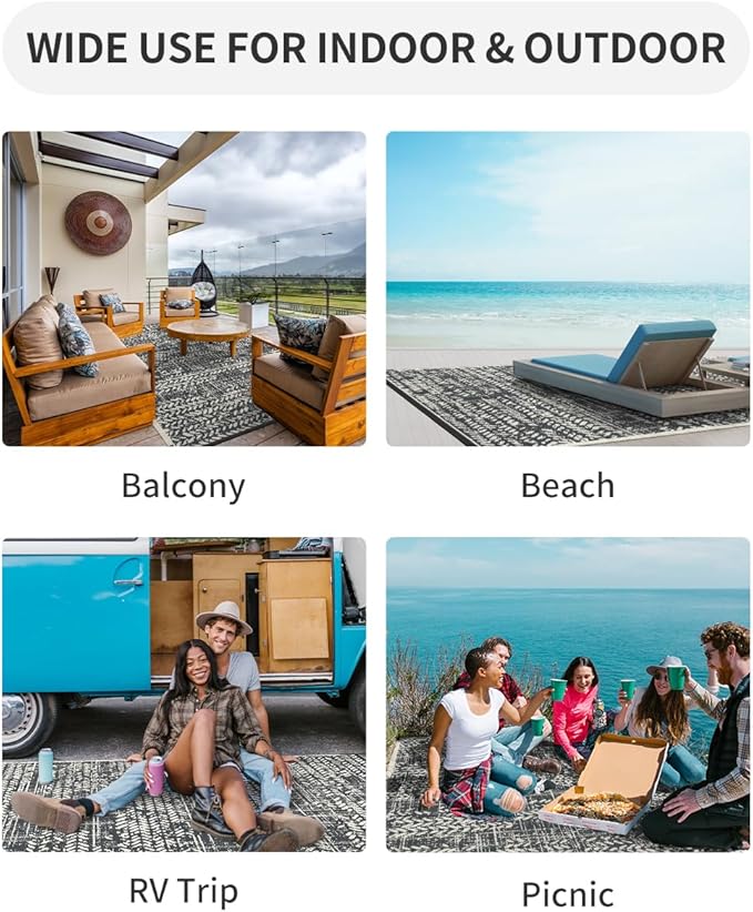MontVoo Outdoor Rug Waterproof-Patio Rug Mat 5x8 Outdoor Carpet Reversible RV Camping Picnic Plastic Straw Rug Outside Outdoor Area Rug for Balcony Deck Backyard Patio Decor Boho Modern Abstract