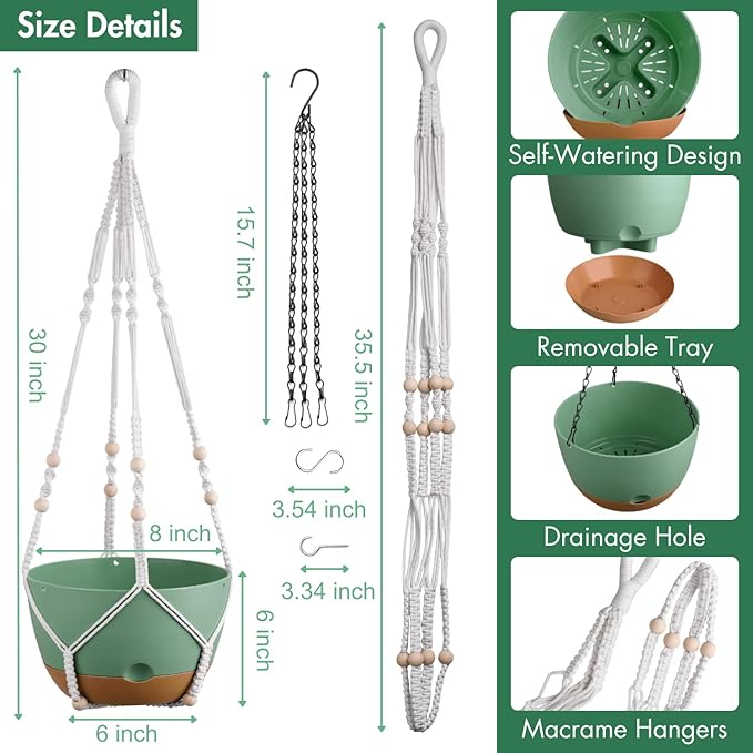 Set of 2-8 Inch Hanging Planters for Indoor Plants with Self-Watering Includes Hanging Pots for Plants, Outdoor Hanging Plant Pot with Drainage, and 2 Types of Hanging Baskets Hangers (Green)