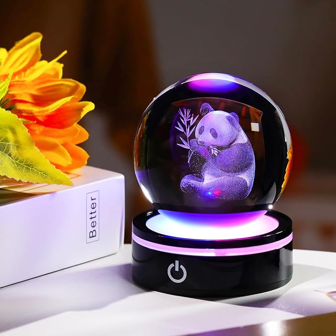 YWHL 3D Panda Figurine Crystal Ball with Colorful Light Base, Panda Gifts for Women Men on Christmas Birthday, 3D Laser Engraved Full Sphere Glass Decorative Ball for Home Office (80mm)