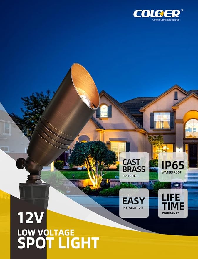 COLOER Die-cast Brass Landscape Spot Lights Outdoor, 12V AC/DC Low Voltage Landscape Lighting Fixture, IP65 Waterproof Directional Uplight Outdoor for Yard(102B,12-Pack Without Bulb)