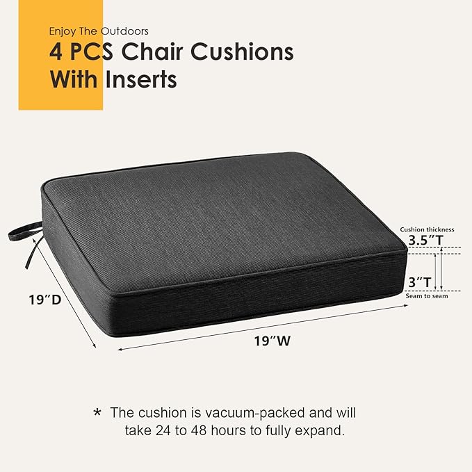 Outdoor Sunbrella Square Corner Seat Cushion, 19"x19"x3", Set of 4, Non Slip Seat Cushion Pads with Removable Cover for Patio Furniture, Garden Yard Lawn, Spectrum Carbon