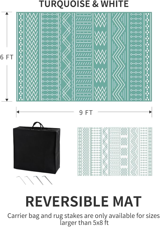 Outdoor Rug Carpet Waterproof 6x9 ft Patio Rug Mat Indoor Outdoor Area Rug for RV Camping Picnic Reversible Lightweight Plastic Straw Outside Rug for Patio Decor Decoration Boho Rug Turquoise White