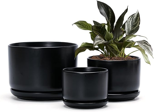Ton Sin Plant Pots, 4.1+5.1+6.5 inch, Set of 3, Ceramic Planters with Drainage Hole and Saucer, Indoor Flower Pot with Hole Mesh Pad, Gifts for Mom（Matte Black）