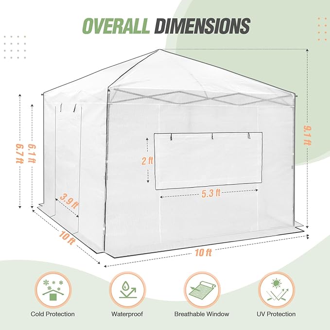 EAGLE PEAK 10x10 Portable Walk-in Greenhouse, Pop-up Indoor Outdoor Garden Green House, Zippered Doors and Windows, PE Cover, White