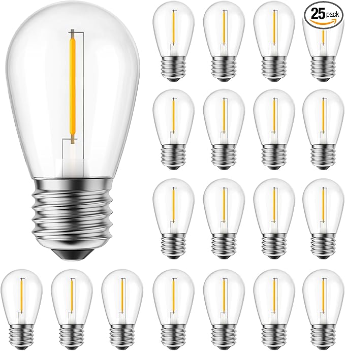 Moonflor 25 Pack LED S14 Replacement Light Bulbs, Shatterproof E26 Medium Base Edison Vintage Bulbs Equivalent to 11 W, Fits for Commercial Outdoor Patio Garden Vintage Lights, 2700K, Warm White