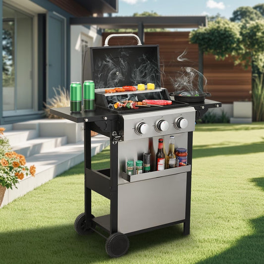 3-Burner Propane Gas BBQ Grill, 25,650 BTU Output, Wire Enamel Cooking Grids, Foldable Side Table, Stainless Steel Outdoor Grill for Patio and Backyard