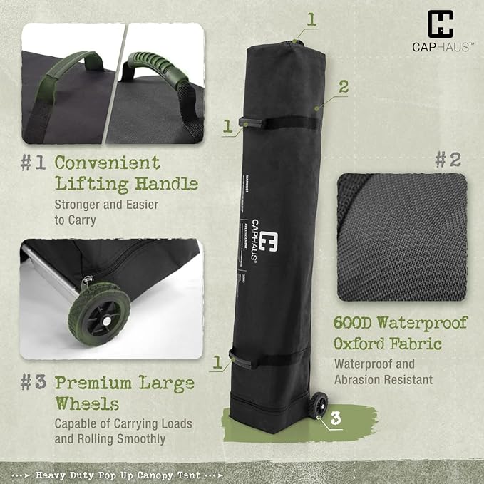 CAPHAUS 12ft x 12ft Patented One-Push Pop Up Outdoor Canopy Tent, Heavy-Duty Commercial Grade w/Central Lock, Portable and Instant Folding Shelter with Wheeled Carry Bag and Weight Bag, Dark Grey