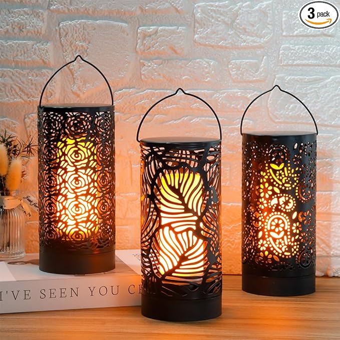 TRIROCKS Set of 3 LED Cordless Metal Lantern with Timer 7" H Moving Flame Lamp Battery Operated Breathing Lamp Floral Hollow LED Hanging Lighting for Indoor/Outdoor Patio Garden Party Gift