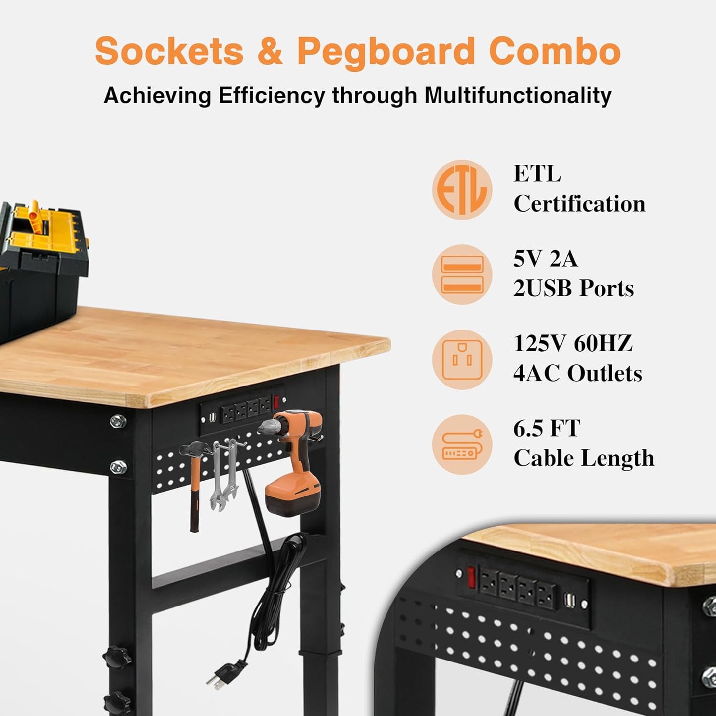 70" Adjustable Workbench on Wheels, 2000 LBS Heavy Duty Work Table with Power Outlets & Pegboard, Rubber Wood Workstation for Garage, Workshop, Office, Home, Commercial