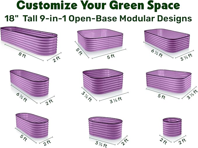 9-in-1 Galvanized Steel Raised Garden Bed // 8×2×1.5 ft Modular Planter for Gardening, Vegetables, Flowers // 18" Tall Metal Raised Garden Beds Outdoor (Purple) // Patented Design Planter Box