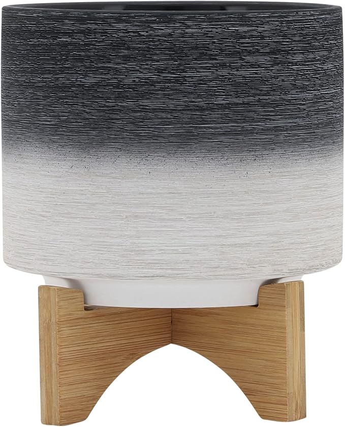 Sagebook Home 8" Planter on Stand - Ceramic Planter on Wooden Base - Contemporary Gray and White Textured Design Indoor or Outdoor Plant Stand Decor